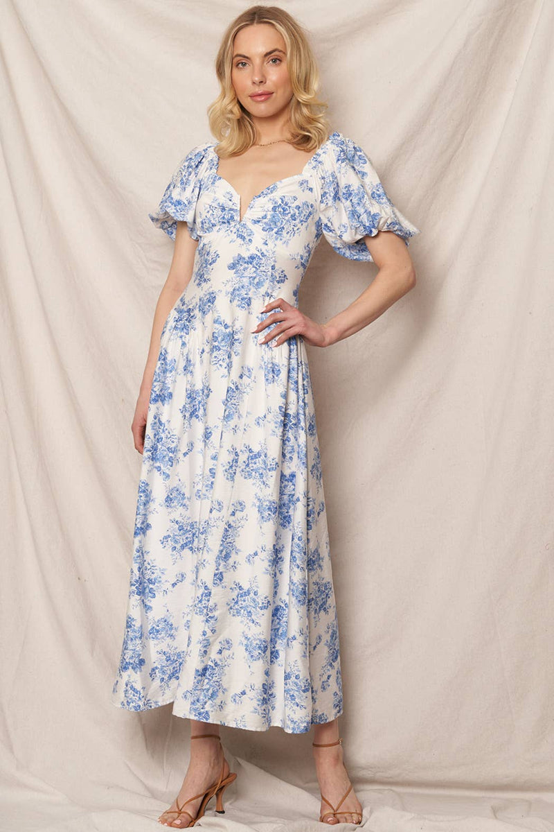 Puff Sleeve Floral Print Midi Dress