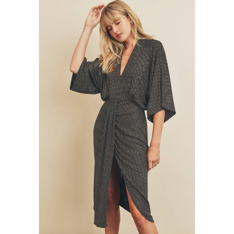 Metallic V-Neck Ruched Midi Dress