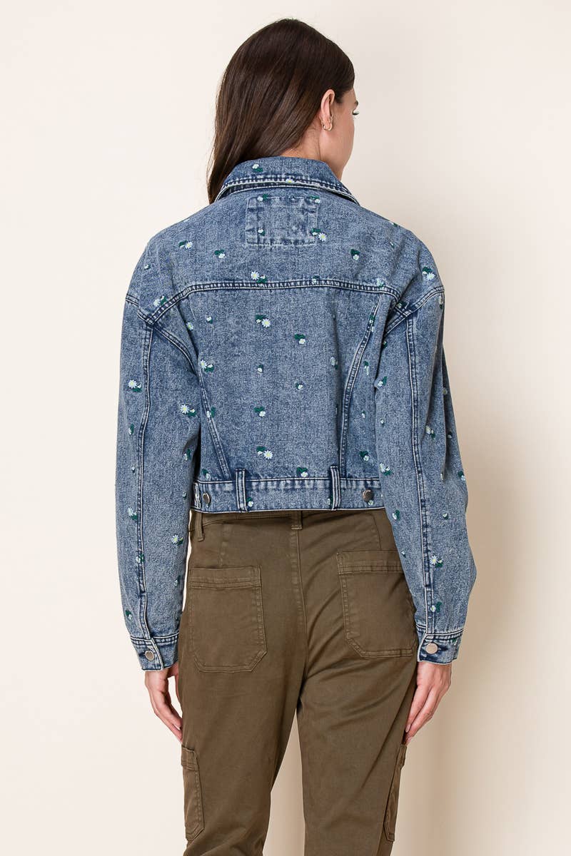Daisy Embroidered Cropped Denim Trucker