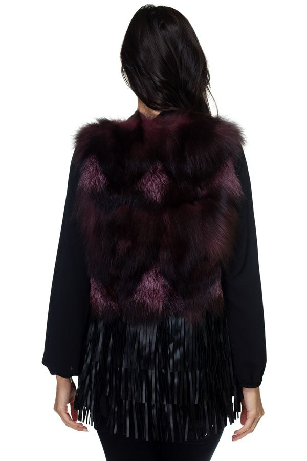 Luxurious fox fur fringe vest in deep burgundy, featuring a soft, plush texture and elegant fringe detailing, perfect for Long Island boutique fashion.