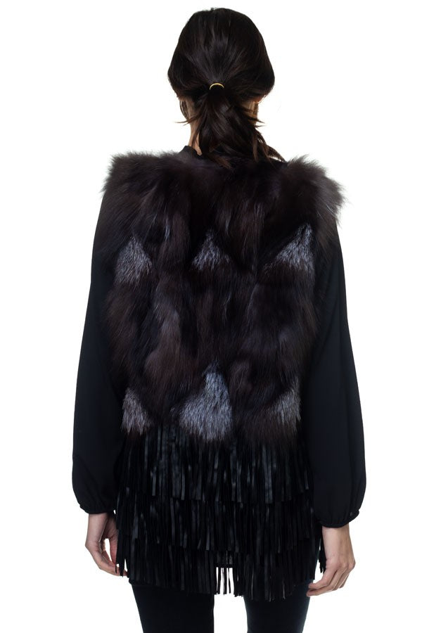Chic black fox fur fringe vest featuring luxurious texture and playful fringe, perfect for adding elegance to your Long Island boutique fashion wardrobe.