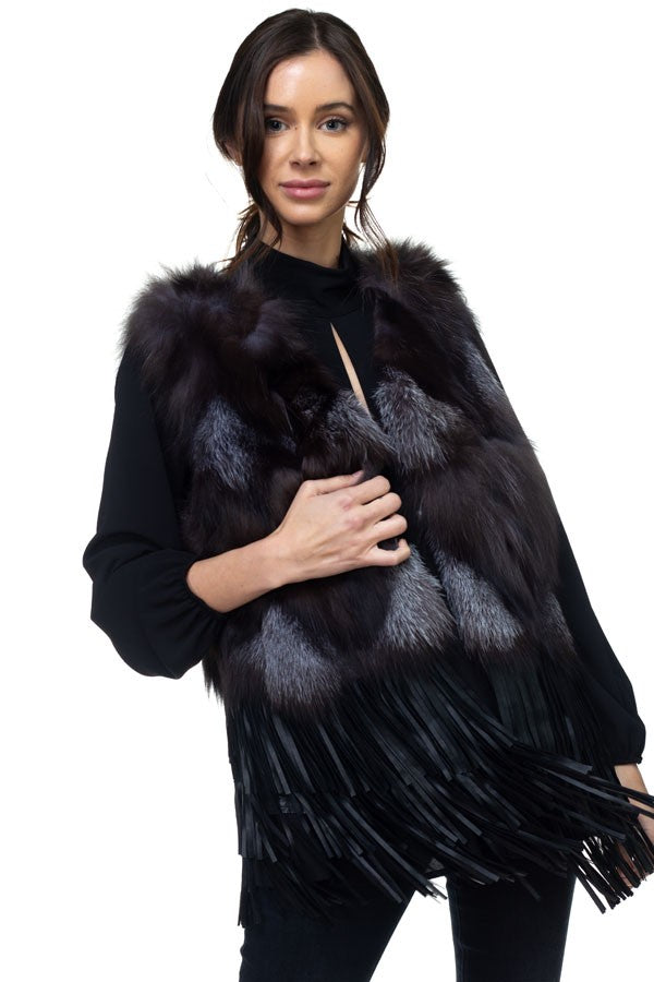 Luxurious black fox fur fringe vest featuring a chic open front and elegant layered fringe, perfect for Long Island boutique fashion.