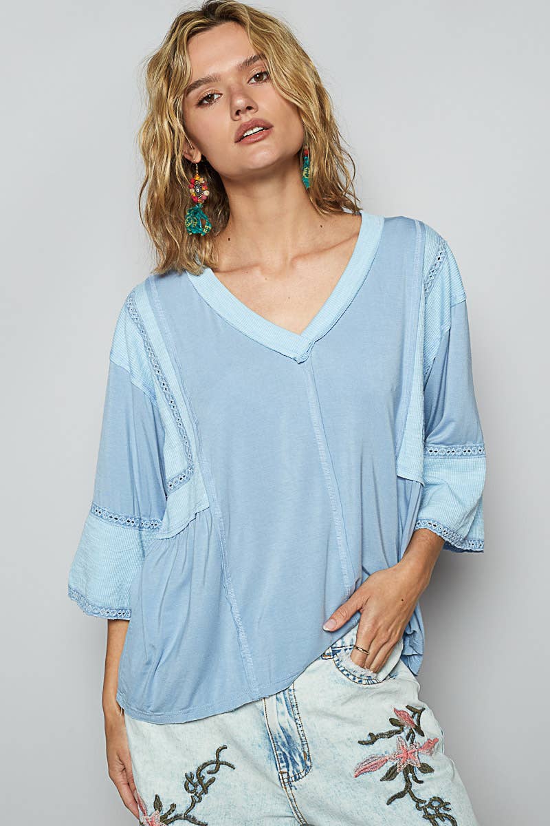 Oversize V-Neck Long Sleeve Lace Trim Knit Top