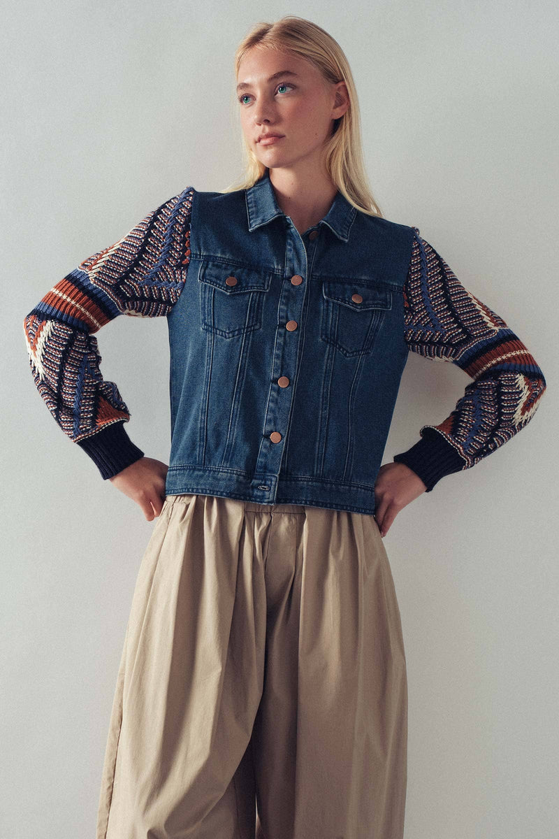 Knit Sleeves Denim Jacket