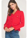 Bright red frayed trimmed textured cardigan featuring a cropped fit, decorative buttons, and front pockets, perfect for Long Island boutique fashion.