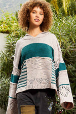 Hooded Color Block and Stripe Pullover Sweater