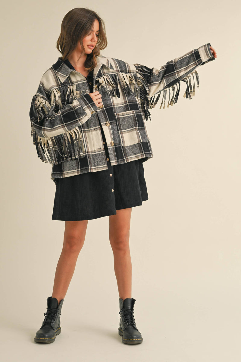 Wool Fringed Detail Plaid Jacket