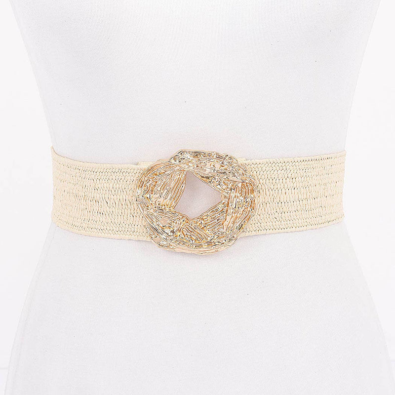 Metal Buckle Elastic Faux Straw Belt