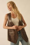 Brown faux leather snap-front vest featuring a sleek design and two front pockets, perfect for Long Island boutique fashion styles.