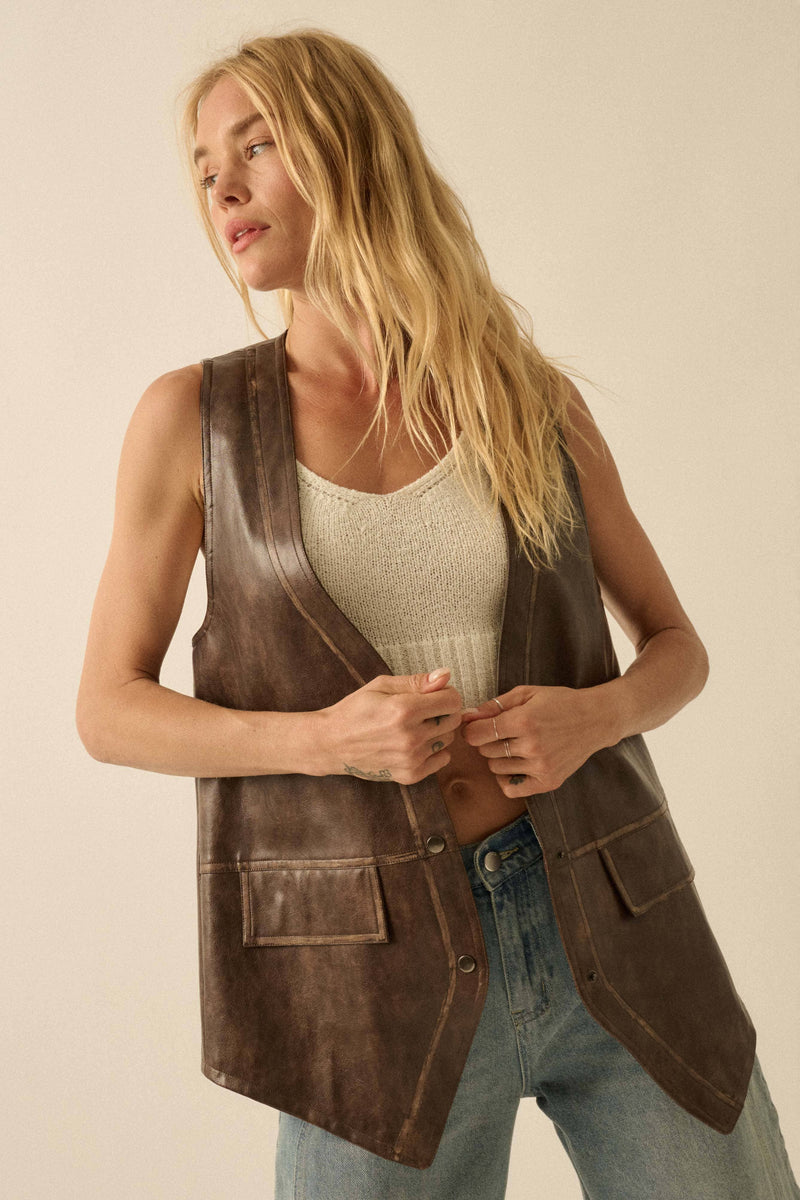Brown faux leather snap-front vest featuring a sleek design and two front pockets, perfect for Long Island boutique fashion styles.