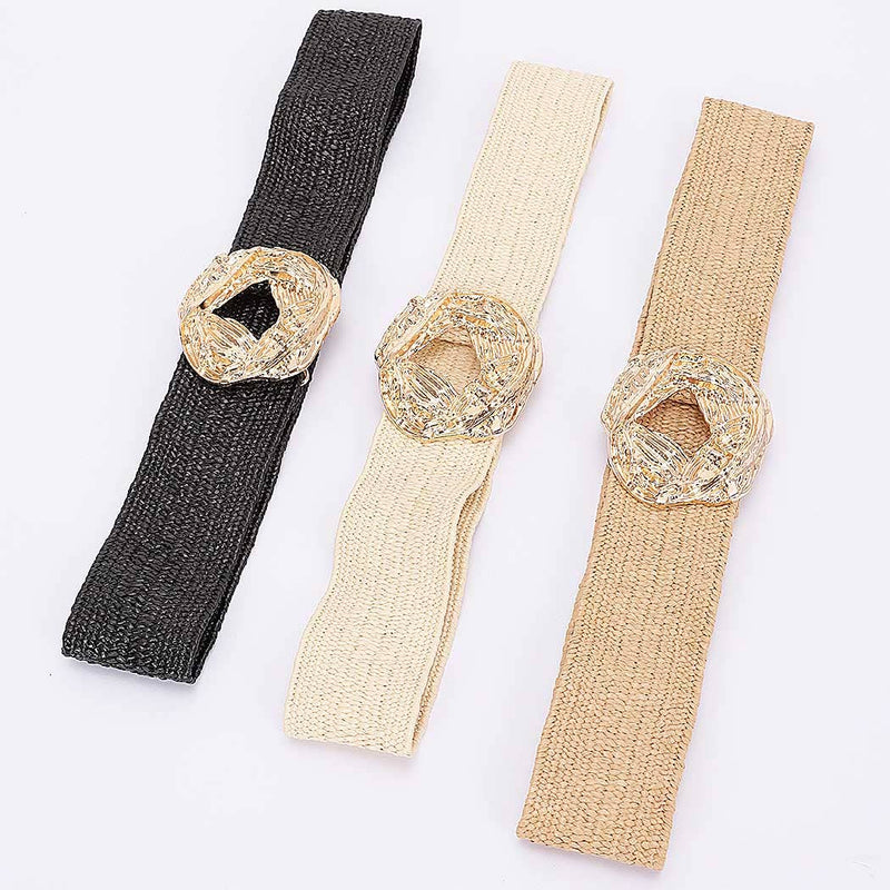 Metal Buckle Elastic Faux Straw Belt
