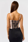 Sleek animal print bustier bodysuit in satin and lace, featuring adjustable straps, perfect for Long Island boutique fashion.