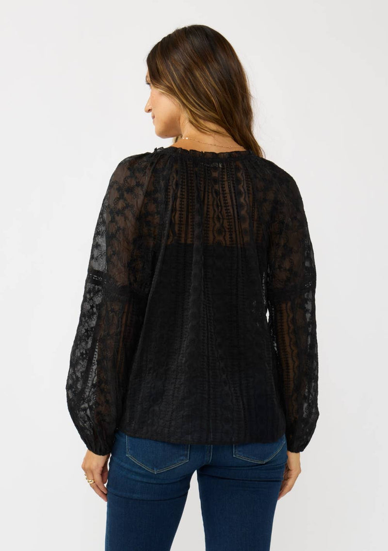 Long Sleeve Split Neck Lace Trim Chiffon Blouse