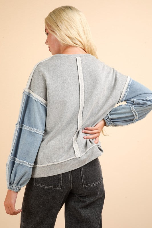 Acid Washed Oversized Denim Sleeve Casual Top - H. Grey