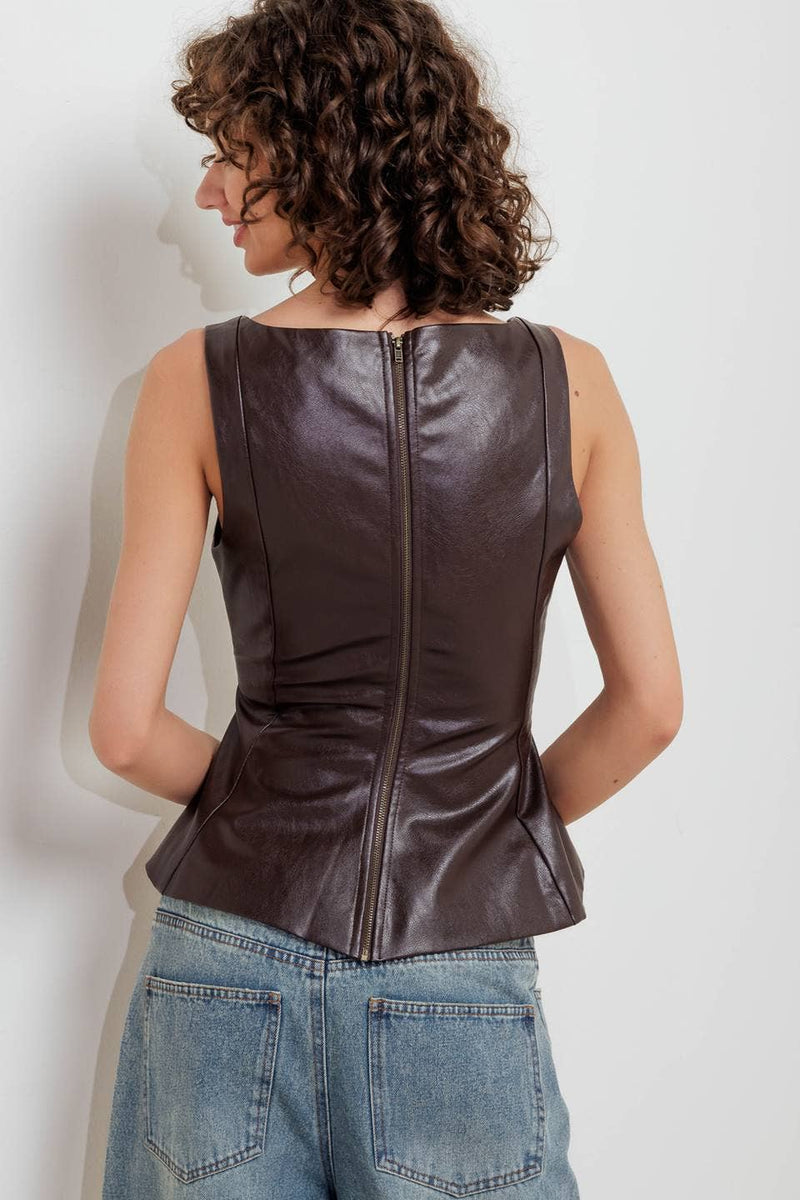 Sleeveless faux leather top in rich brown, featuring a fitted silhouette with a peplum waist and discreet zipper detail, ideal for Long Island boutique fashion.