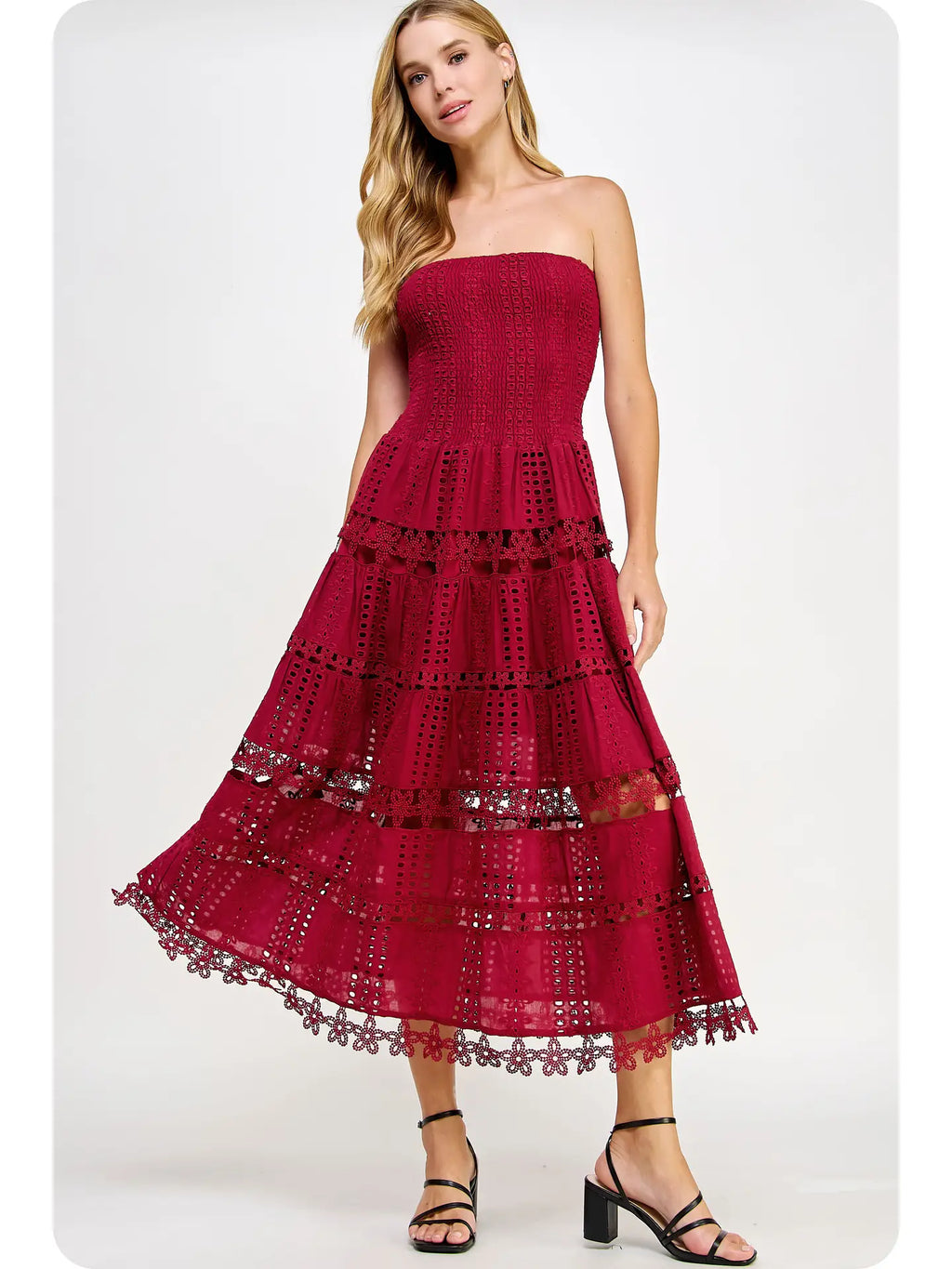 Strapless eyelet lace tube dress in rich burgundy with tiered layers and intricate cutouts, perfect for Long Island boutique fashion.