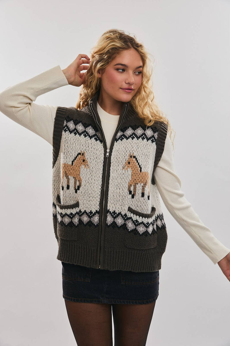 Horse Zip Up Sweater Vest
