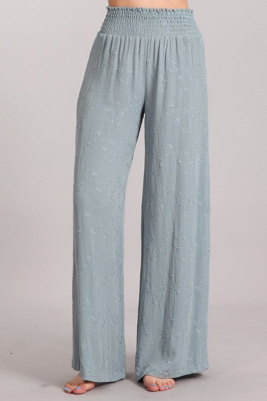 Embroidered Wide Leg Pants - Steel Blue