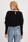 Black oversized long sleeve top with a back keyhole detail, perfect for casual styling in Long Island boutique fashion.