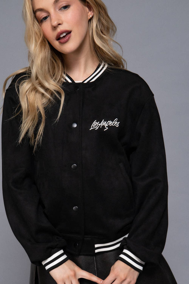 Long Sleeve Embroidery Detail Faux Suede Varsity Jacket