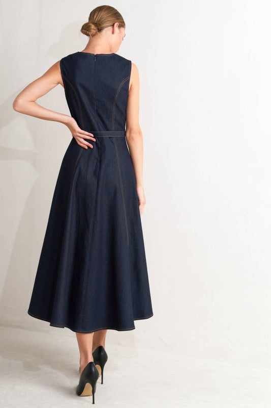 Sleeveless denim midi dress in dark blue, featuring a flattering fit-and-flare silhouette and stylish stitching details for Long Island boutique fashion.