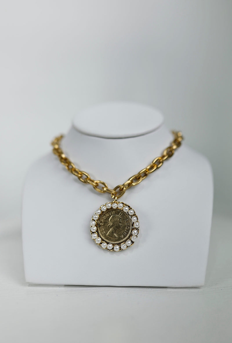 Vintage Coin Pearl-Trim Necklace