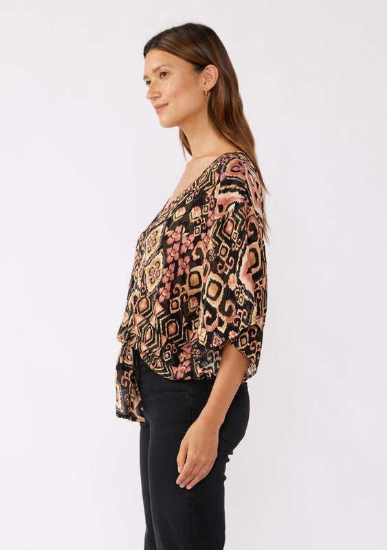 V-Neck Tie Front Kimono Sleeve Blouse