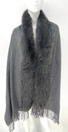 Soft grey faux fur fringe shawl with a luxurious collar, perfect for layering in stylish Long Island boutique fashion.