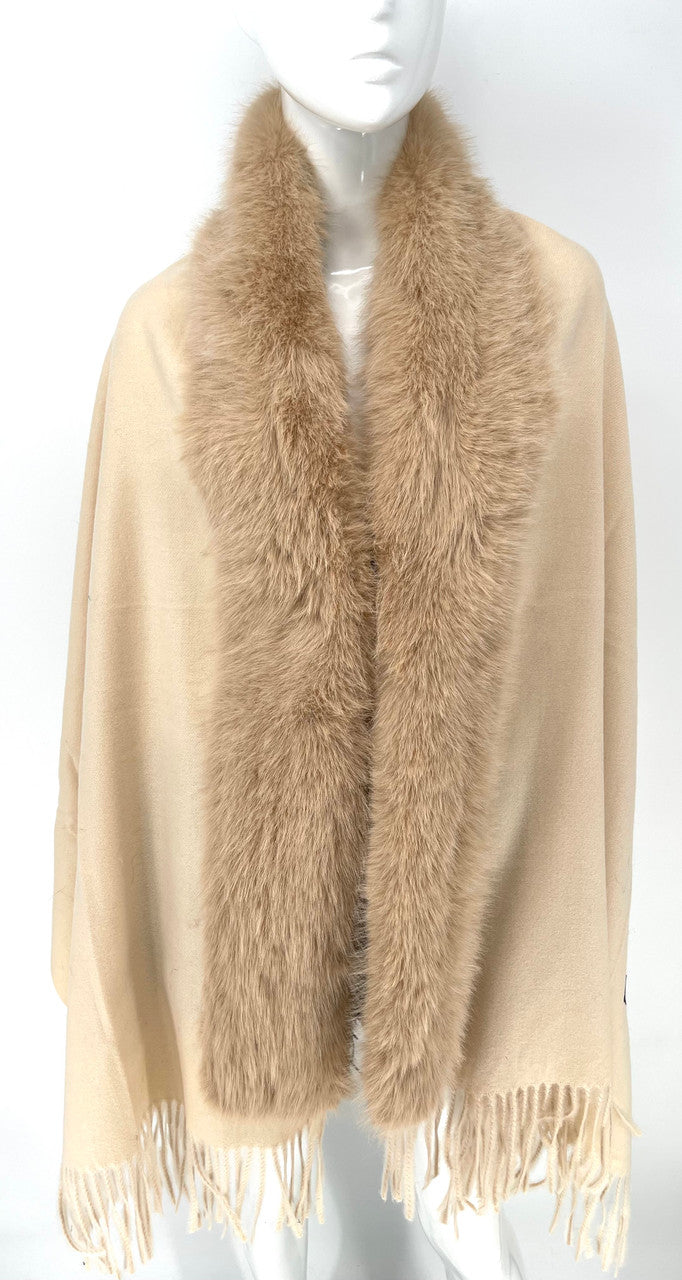 Soft beige faux fur fringe shawl with a plush collar, perfect for adding warmth and elegance to any outfit in Long Island boutique fashion.
