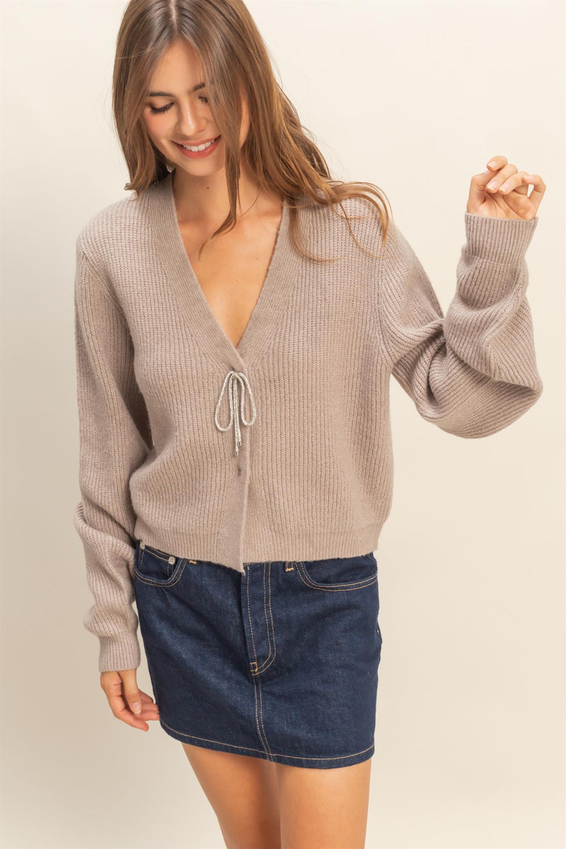 Sparkly Bow Embellished Cozy Cardigan