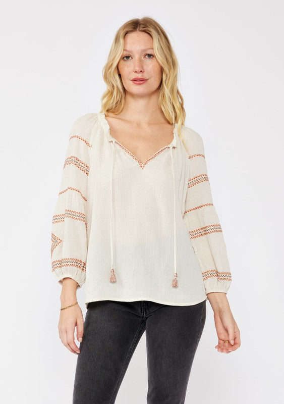 3/4 Sleeve V-Split Neck Embroidered Top