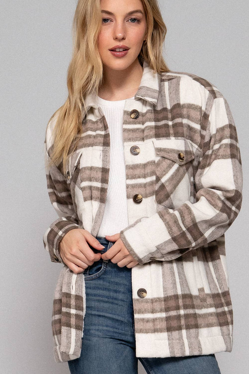 Long Sleeve Inside Faux Fur Brushed Plaid Jacket