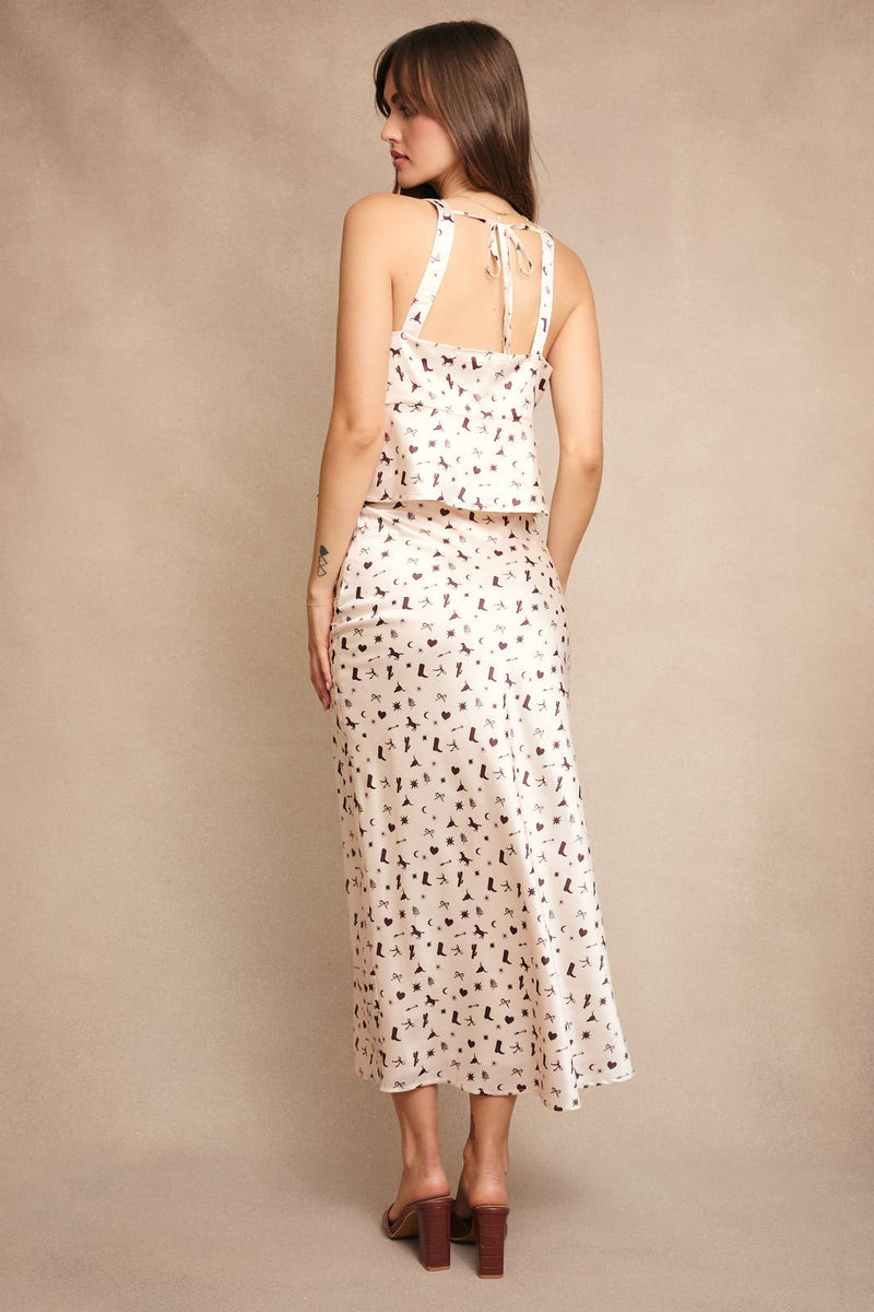 Sweetheart Neckline Ruched Bust Satin Top w Midi Skirt