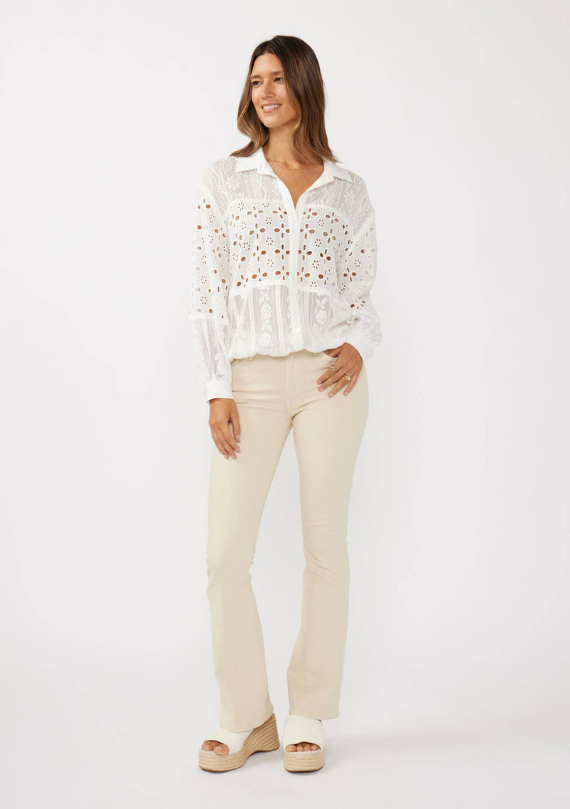 Embroidered Eyelet Patchwork Button-Down Shirt