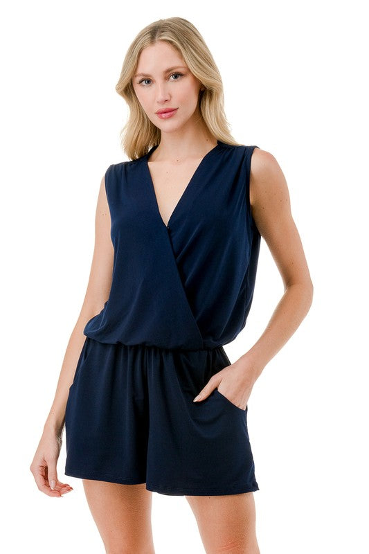 Ariella Surplice Romper w/ Pockets - Navy