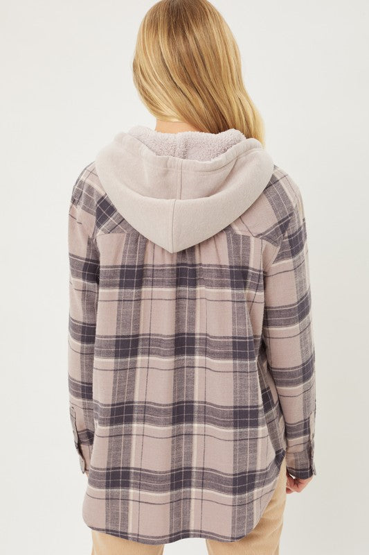 Plaid Flannel Button Up Shacket w/ Hood
