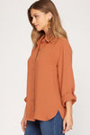 Long Roll Up Sleeve Button Down Woven Top