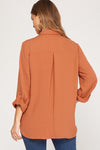 Long Roll Up Sleeve Button Down Woven Top