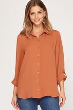 Long Roll Up Sleeve Button Down Woven Top