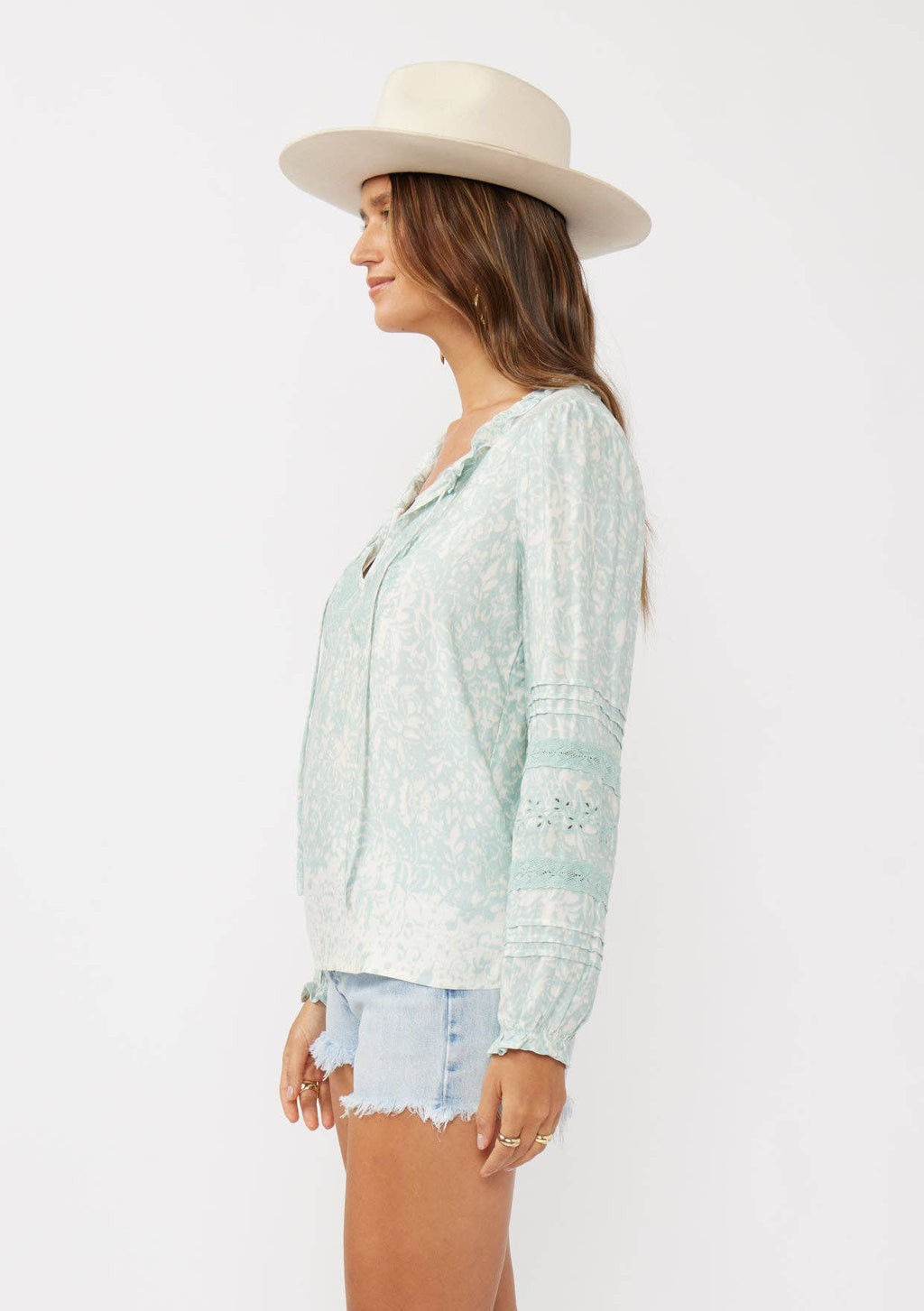 Floral Embroidered Lace-Trim Split Neck Blouse