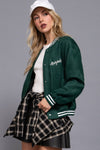 Long Sleeve Embroidery Detail Faux Suede Varsity Jacket