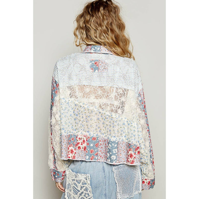 Cropped Printed Woven Crochet Button Down Shirt