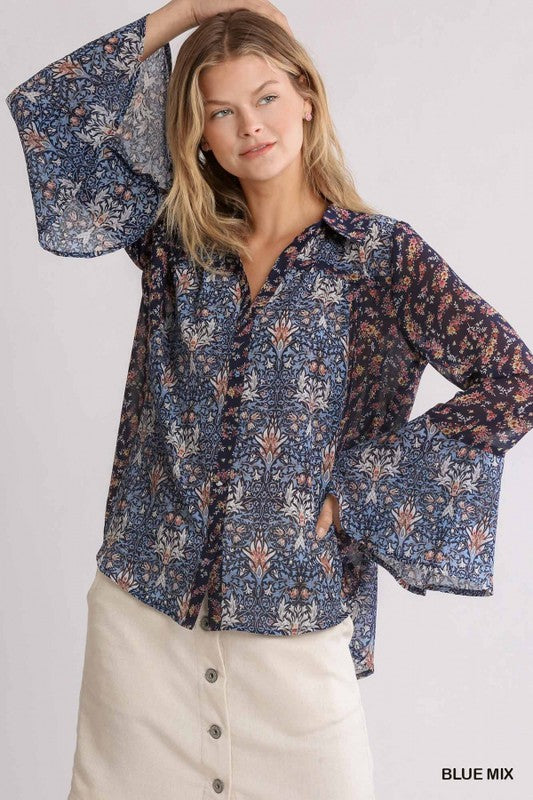 Sheer Mix Floral Bell Sleeve Blouse