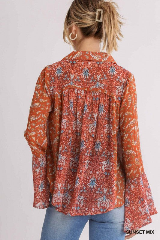 Sheer Mix Floral Bell Sleeve Blouse