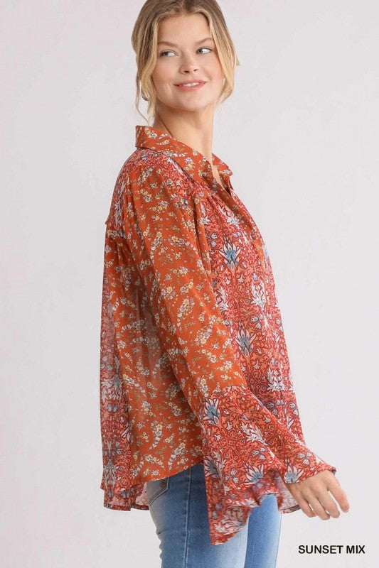 Sheer Mix Floral Bell Sleeve Blouse