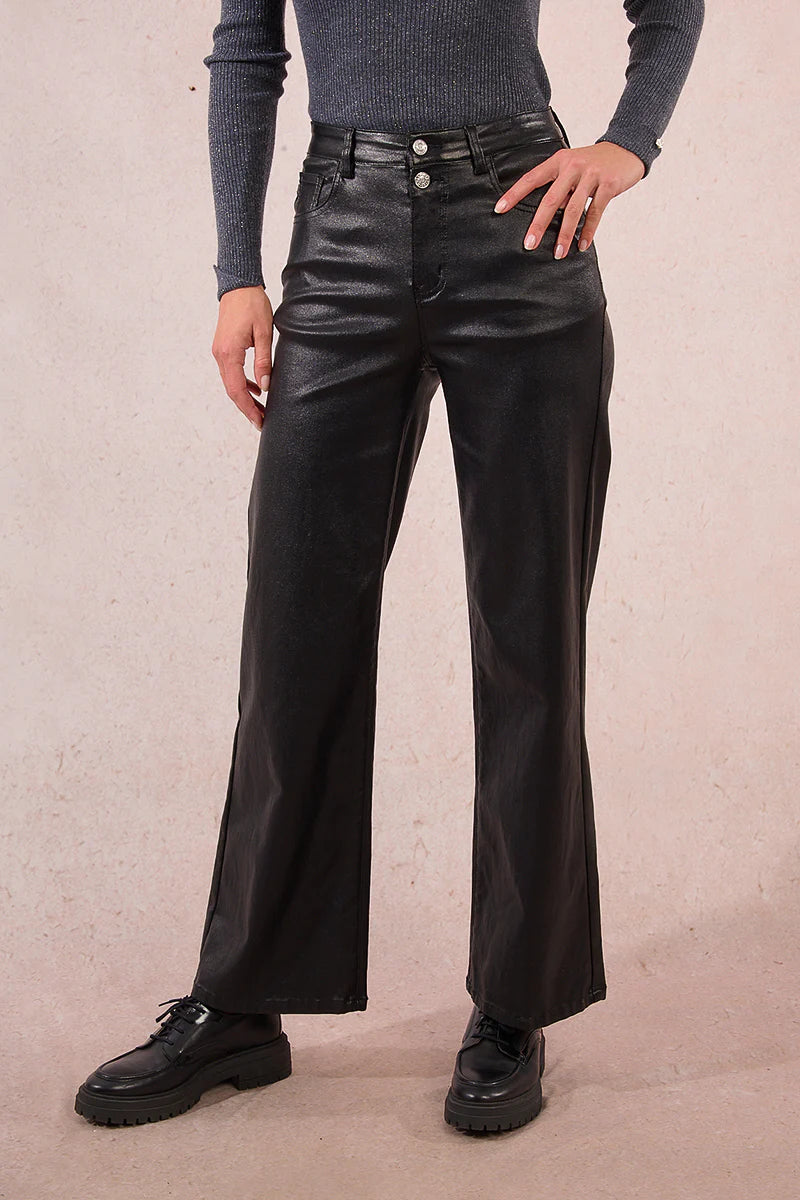 Woven black pants featuring a stylish double-button closure and a flattering wide-leg fit, perfect for Long Island boutique fashion.