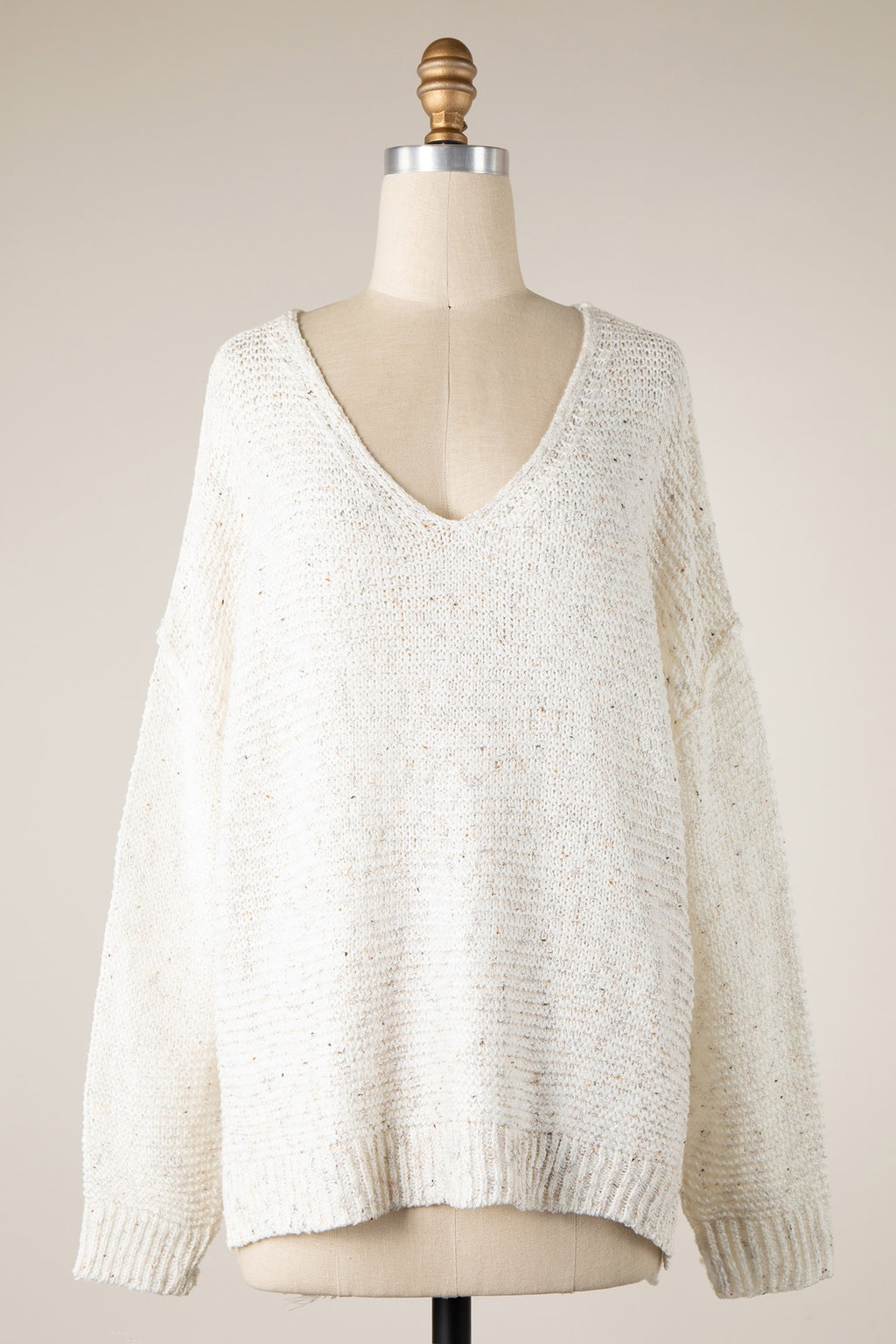 Two Toned V-Neck Speckled Cable Knit Sweater