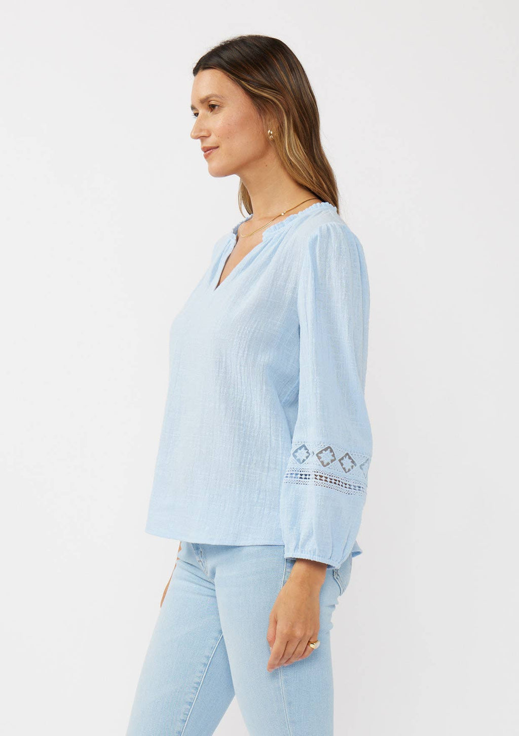 V-Neck Cotton Gauze Blouse with Lace Trim