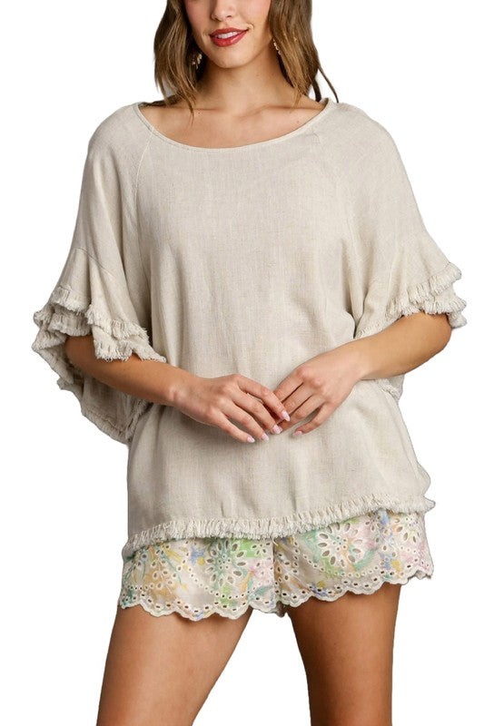 Linen Blend Layered Ruffled Short Sleeve Top