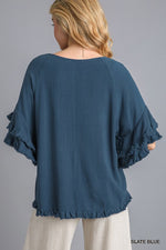 Linen Blend Layered Ruffled Short Sleeve Top
